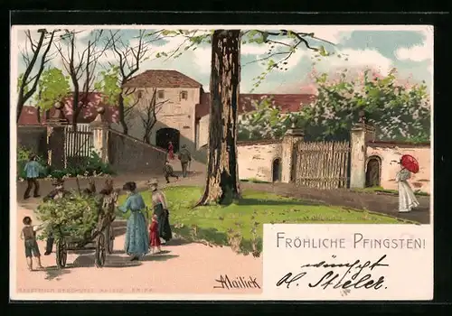 Künstler-AK Alfred Mailick: Mann mit Pferdegespann an einem Baum, Pfingstgruss