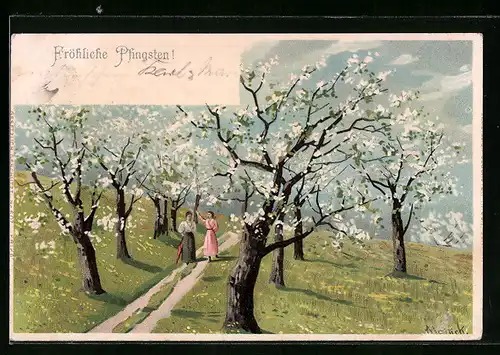 Künstler-AK Alfred Mailick: Ortspartie mit zwei Frauen und Baumblüte, Pfingstgruss