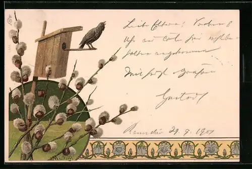 Künstler-AK Alfred Mailick: Vogelhäuschen mit Rabenvogel, Weidenkätzchen