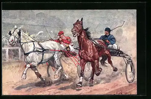 Künstler-AK Ludwig Koch: Einergespanne während eines Pferderennens