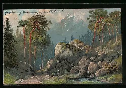 Künstler-Lithographie Robert Kämmerer: Landschaft mit Felsen