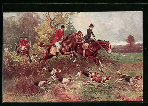 Künstler-AK Robert Kämmerer: Jäger zu Pferde springen über eine Hecke