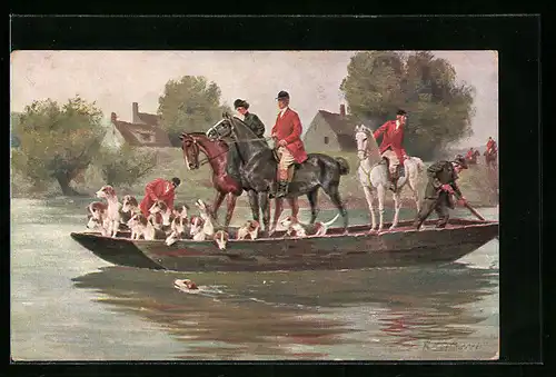 Künstler-AK Robert Kämmerer: Jagdgesellschaft setzt mit der Fähre über einen Fluss