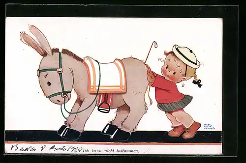 Künstler-AK Mabel Lucie Attwell: Mädchen müht sich mit einem sturen Esel ab