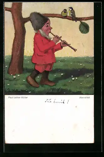 Künstler-AK Paul Lothar Müller: Zwerg mit Flöte spielt ein Abendlied