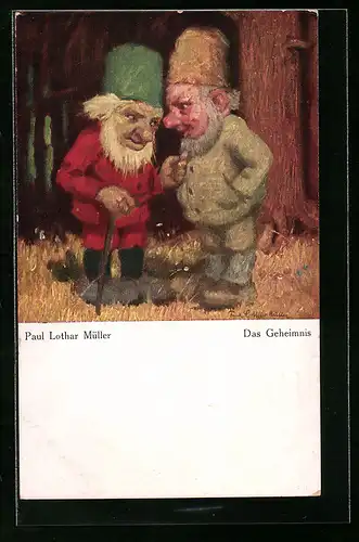 Künstler-AK Paul Lothar Müller: Das Geheimnis, Zwerge im vertraulichen Gespräch