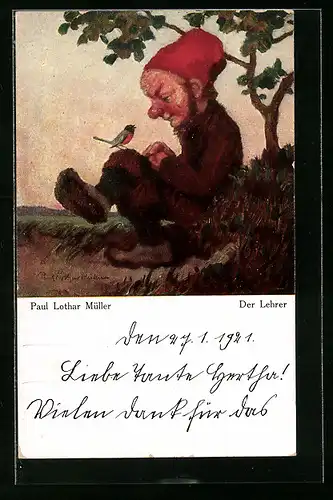 Künstler-AK Paul Lothar Müller: Der Lehrer, Zwerg und Vogel