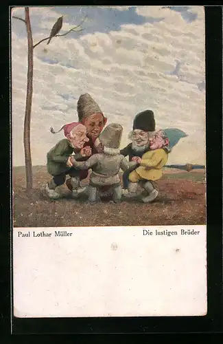 Künstler-AK Paul Lothar Müller: Lustige Zwergen-Brüder beim Tanz