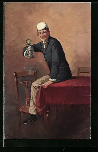 Künstler-AK Georg Mühlberg: Zechender Student auf einem Tisch