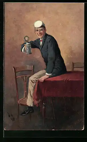 Künstler-AK Georg Mühlberg: Prosit!, Zechender Student auf einem Tisch