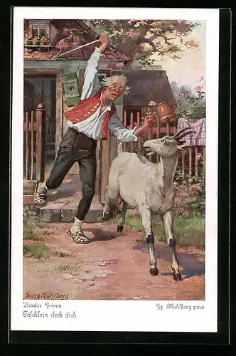 Künstler-AK Georg Mühlberg: Märchen der Gebrüder Grimm, Tischlein deck dich, Bauer verjagt Ziege