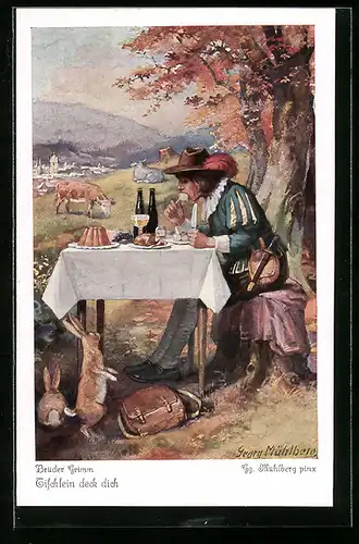 Künstler-AK Georg Mühlberg: Tischlein deck dich, Schreiner am Tischlein sitzend