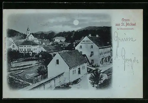 Mondschein-AK St. Michael, Ortsansicht mit Gasthaus von Hanzs Stölzle