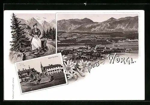 Lithographie Wörgl, Dorfplatz, Ortsansicht aus der Vogelschau