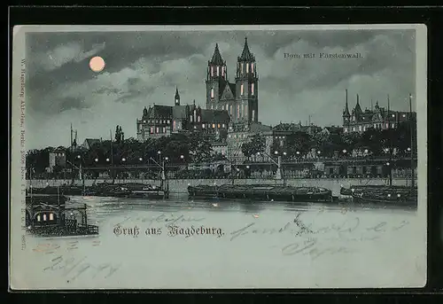 Mondschein-Lithographie Magdeburg, Dom mit Fürstenwall, Halt gegen das Licht: beleuchtete Fenster