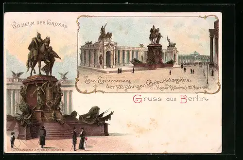 Lithographie Ganzsache PP9C19 /01: Berlin, Denkmal für Kaiser Wilhelm den Grossen, 100jährige Geburtstagsfeier 22.03.1897