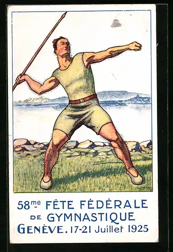 Künstler-AK Geneve, 58me Fete Federale de Gymnastique 1925, der Speerwerfer, Turnfest