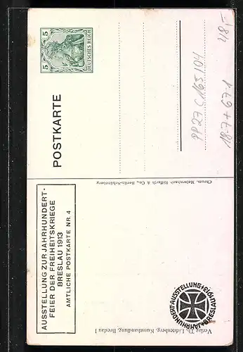 AK Breslau, Ausstellung zur Jahrhundertfeier der Freiheitskriege 1913, Landsturmmann, Ganzsache PP27C165 /04