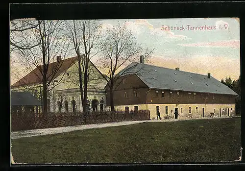 AK Schöneck-Tannenhaus i. V., Spaziergänger vor einem Wohnhaus