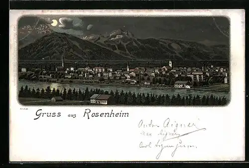 Lithographie Rosenheim, Ortsansicht bei Nacht