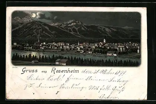 Lithographie Rosenheim, Ortsansicht über den Fluss