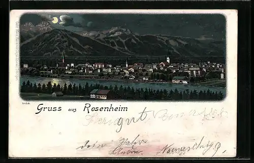 Lithographie Rosenheim, Blick auf den Ort bei Nacht