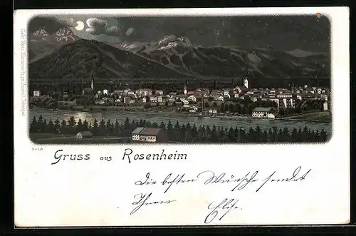 Lithographie Rosenheim, Ortsansicht aus der Vogelschau bei Nacht