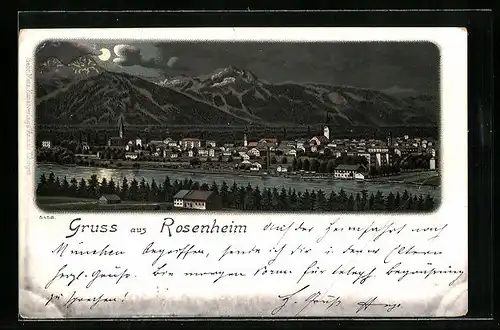 Lithographie Rosenheim, Blick über den Fluss auf die Stadt bei Nacht