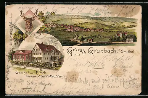 Lithographie Grunbach i. Remsthal, Ortsansicht und Gasthof zum Hirsch