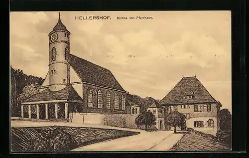 AK Hellershof, Strassenpartie mit Kirche und Pfarrhaus