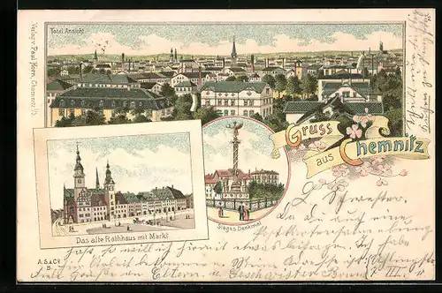 Lithographie Chemnitz, Totalansicht und das alte Rathaus mit Markt