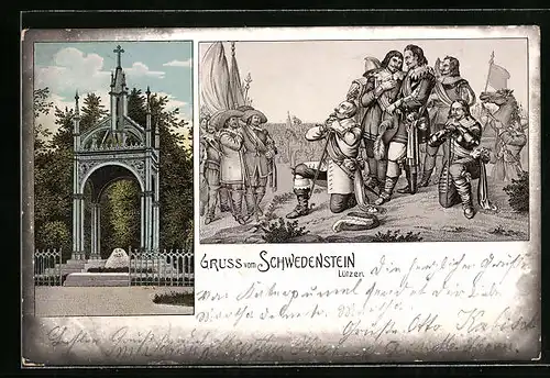 Lithographie Lützen, Schwedenstein mit Denkmal