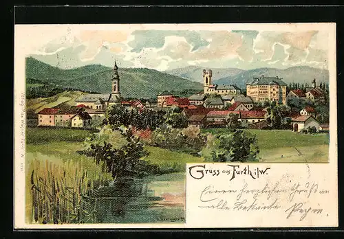 Lithographie Furth i. W., Ortsansicht mit Kirche