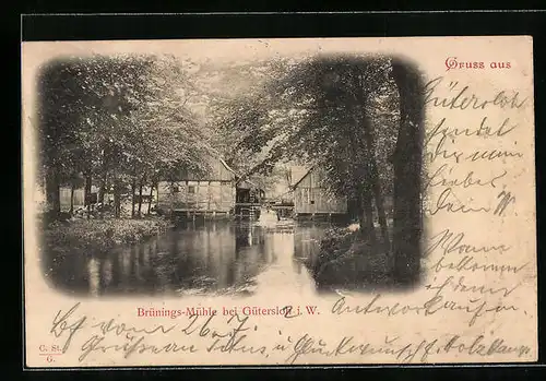 AK Gütersloh i. W., Brünings-Mühle vom Wasser gesehen