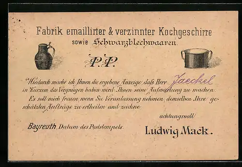 AK Bayreuth, Werbung der Fabrik Ludwig Mack, emailliertes und verzinntes Kochgeschirr
