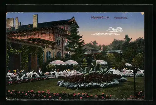 AK Magdeburg, Gasthaus Herrenkrug mit Terrasse