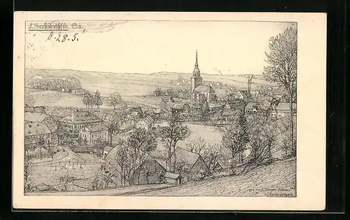 Künstler-AK Oberbobritzsch, Ortsansicht mit Kirche