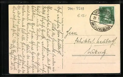 Künstler-AK Oberbobritzsch, Ortsansicht mit Kirche