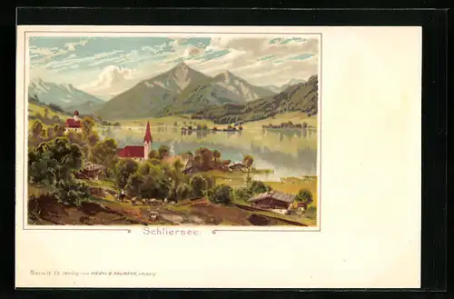 Lithographie Schliersee, Seepartie mit Kirche