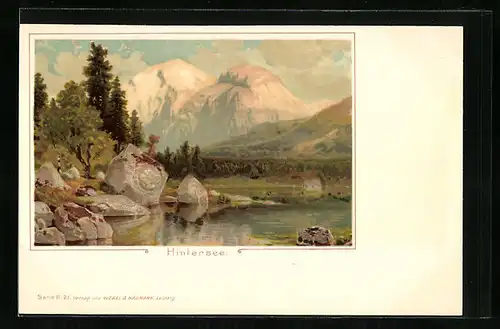 Lithographie Hintersee, Seepartie mit Bergpanorama