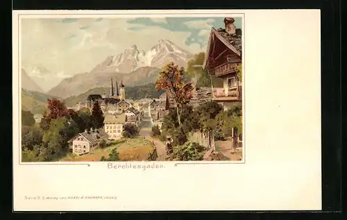 Lithographie Berchtesgaden, Ortspartie aus der Vogelschau