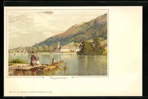 Lithographie Tegernsee, Teilansicht und Paar mit Kind am Boot