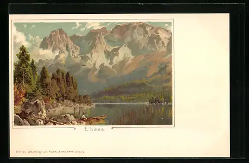 Lithographie Eibsee, Teilansicht mit Boot
