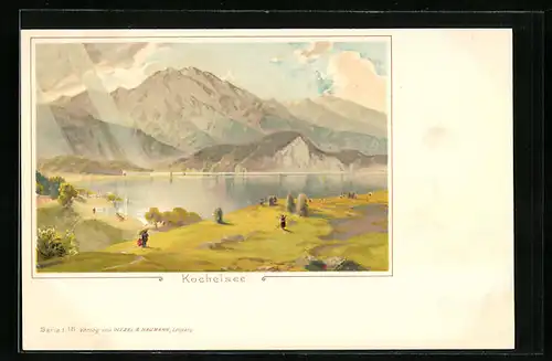 Lithographie Kochelsee, Seepartie mit Bergpanorama
