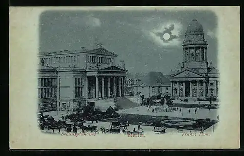 Mondschein-AK Berlin, Gendarmenmarkt mit Schauspielhaus, Franz. Dom