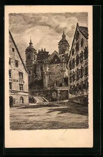 Künstler-AK Weingarten b. Ravensburg, Gasthaus zum Hirsch am Hirschplatz, Im Hintergrund die Kirche mit Kriegerdenkmal