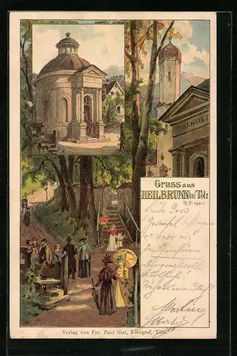 Lithographie Heilbrunn bei Tölz, Pavillon, Ortspartie