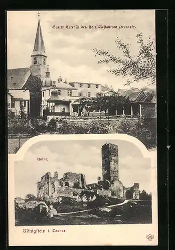 AK Königstein i. Taunus, Garten-Terrasse des Hotel-Restaurant Procasky, Ruine