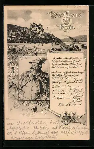 AK Assmannshausen a. Rh., Uferpartie mit Gasthof, Männerportrait