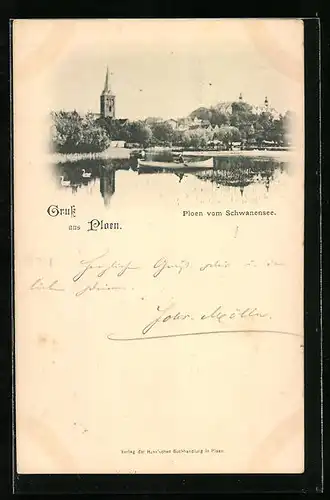 Vorläufer-AK Ploen, 1893, Ortspartie mit Kirche vom Schwanensee